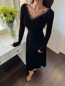 DAZY Váy ngủ Maxi hở lưng, thắt eo, chất liệu nhung và ren, họa tiết chắp vá, dành cho nữ mùa thu/đông - màu đen - Xem 6