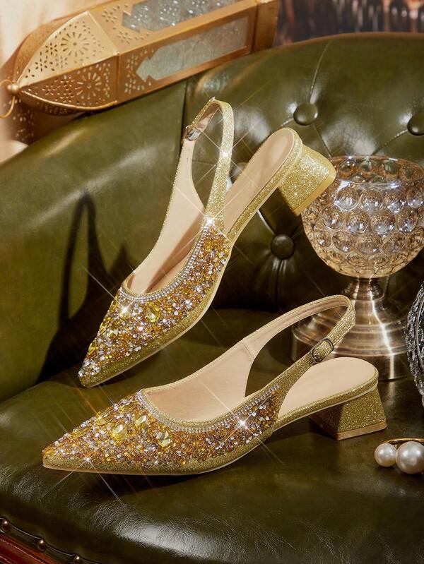 CUCCOO TILAWA Sapatos de salto alto femininos elegantes e elegantes, com salto quadrado e strass, bico fino, adequados para banquetes, festas, casamentos e outras ocasiões