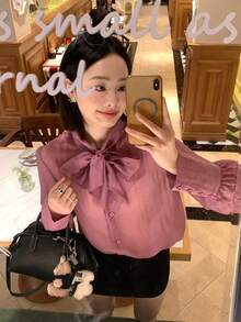 DAZY Women's Bowknot Cuff Long Sleeve Blouse, Elegant Korean Style - Pink - View 1
