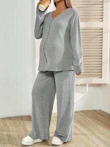 SHEIN 2pcs Maternity Set: Solid Color Drop Shoulder Long Sleeve Button-Up Top And Adjustable Waist Pants, Casual - Grey - View 5
