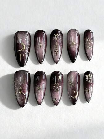 Fairycore 10 Stücke handgemachte gefälschte Nagelelemente mit Sonne, Mond und Stern Motiven + 3 Stücke doppelseitiges Klebeband, Y2K Farbverlauf abnehmbare mittelgroße mandelförmige Tragenägel, hochwertige glänzende Katzenauge Maniküre, geeignet für Feierlichkeiten, Tanzen und den täglichen Gebrauch.