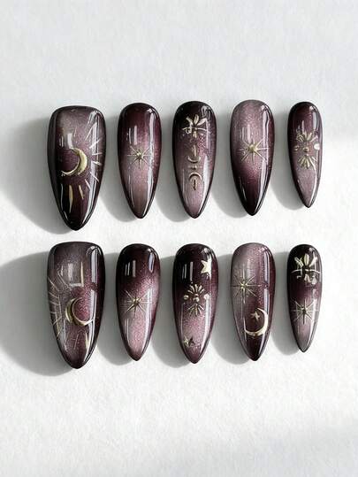 Fairycore 10 piezas de elementos de sol, luna y estrella hechos a mano + 3 piezas de cinta adhesiva de doble cara, uñas postizas con cambio de color gradual estilo Y2K de forma almendrada media, de alta calidad y acabado brillante tipo ojo de gato, adecuadas para fiestas, baile y uso diario.