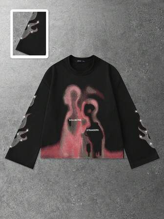 Street Life Camiseta de manga larga con estampado de retrato borroso para hombre, corte holgado y acortado