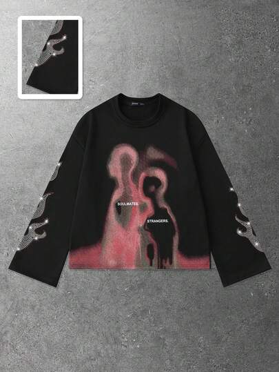 Street Life Men's Blurred Portrait Print Long Sleeve T-Shirt, Loose Cropped Fit