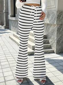 Zielony Pantalon évasé casual rayé pour femmes, tenue minimaliste pour usage quotidien - Noir et Blanc - Voir 5