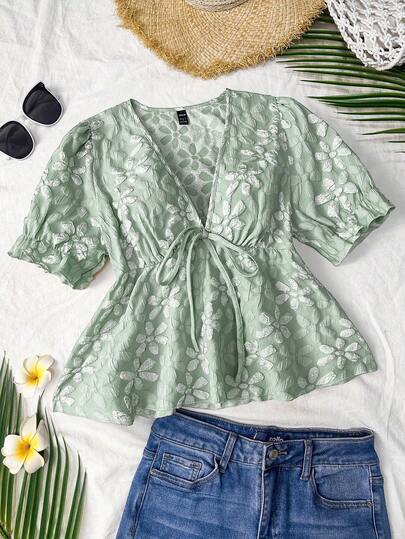 Trelyra 时尚清新提花短袖V领女式上衣，2025夏季新款短袖衬衫