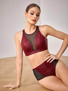 Menodora SHEIN Sport Women's Burgundy Knitted Fabric Sports Bra Semi-Sheer Mesh Panel Round Neck Crop Top For High Impact Workout For Pole Dance - Burgundy - View 7