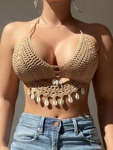 Swim Vcay Women's Vacation Beach Shell Decorated Backless Halter Cover Up Top,Summer Beach - Khaki - View 6