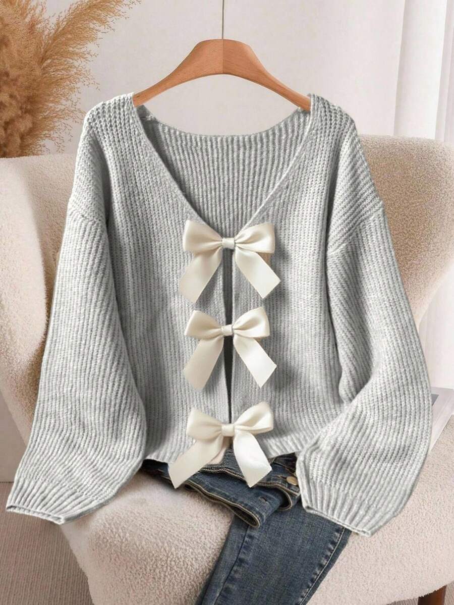 Franclia Casual Bow Decor Drop Shoulder Sweater, Autumn/Winter - Light Grey - View 1