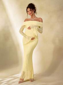 Cheriluna Maternity Maternity Photography Dress, Lace Dress/Elegant Dresses For Party, Yellow Dress For New Year, Winter Dress - Yellow - View 3