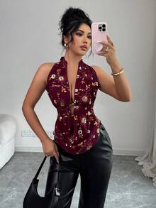 Rafferiza 女士优雅性感亮片刺绣深V领金属扣露背吊带上衣，夏季酒红色上衣，深红色上衣，富家女款 - 酒紅色 - 查看 7