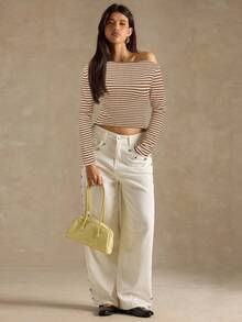 SHEIN BAE 女士休闲条纹不对称肩长袖T恤