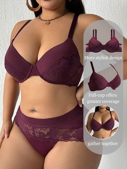 2pcs/Set Plus Size Women Lace Patchwork Underwire Bra And Panty Set, Purple