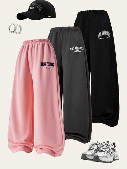 Sparklyn 3pcs/Pack Tween Girls Knit Wide Leg Printed Pants, Versatile For Casual, Sports, School Outfits