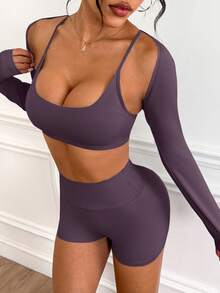 Dewbera 女士时尚休闲超短袖披肩、细肩带交叉后背运动文胸和紧身短裤三件套 - 中紫紅色 - 查看 3