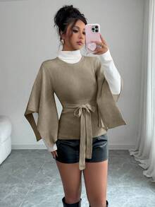 Elenzga Women's Solid Color Round Neck Bell Sleeve Knotted Waist Fashionable Sweater, Autumn/Winter - Mocha Brown - View 6