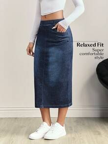 Flexra Women's Elastic Waist Pocket Slit Drawstring Denim Casual Skirt - Blue - View 3