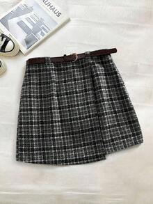 Franclia 大码女式格子腰带不对称短裙，适合秋冬季通勤穿着 - 深灰色 - 查看 3