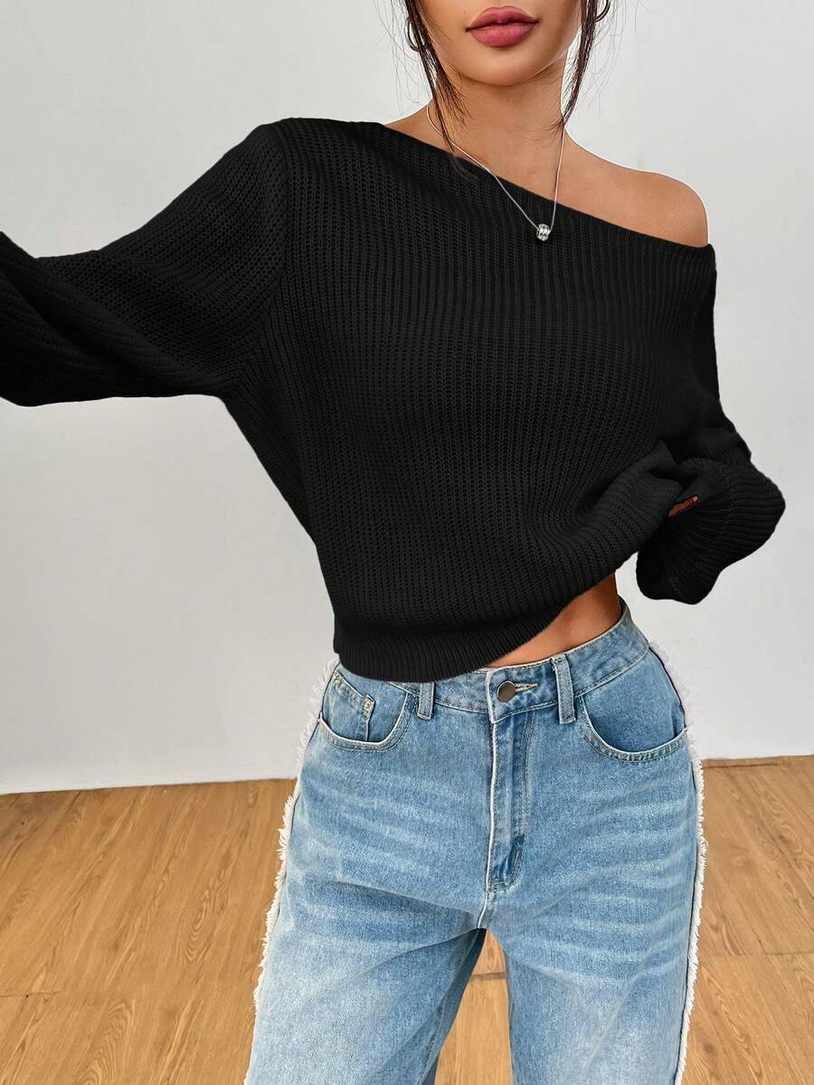 SHEIN PETITE Áo len chui đầu màu trắng dài tay dành cho nữ, có thể mặc chéo vai, phù hợp cho mùa thu đông - màu đen - Xem 1