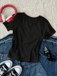 SHEIN Áo thun tay ngắn dáng ôm in hình trái tim Gothic phong cách Punk Grunge màu đen và đỏ, phù hợp cho mùa hè, thể thao, tập thể dục, cổ vũ - Nhiều màu - Xem 5