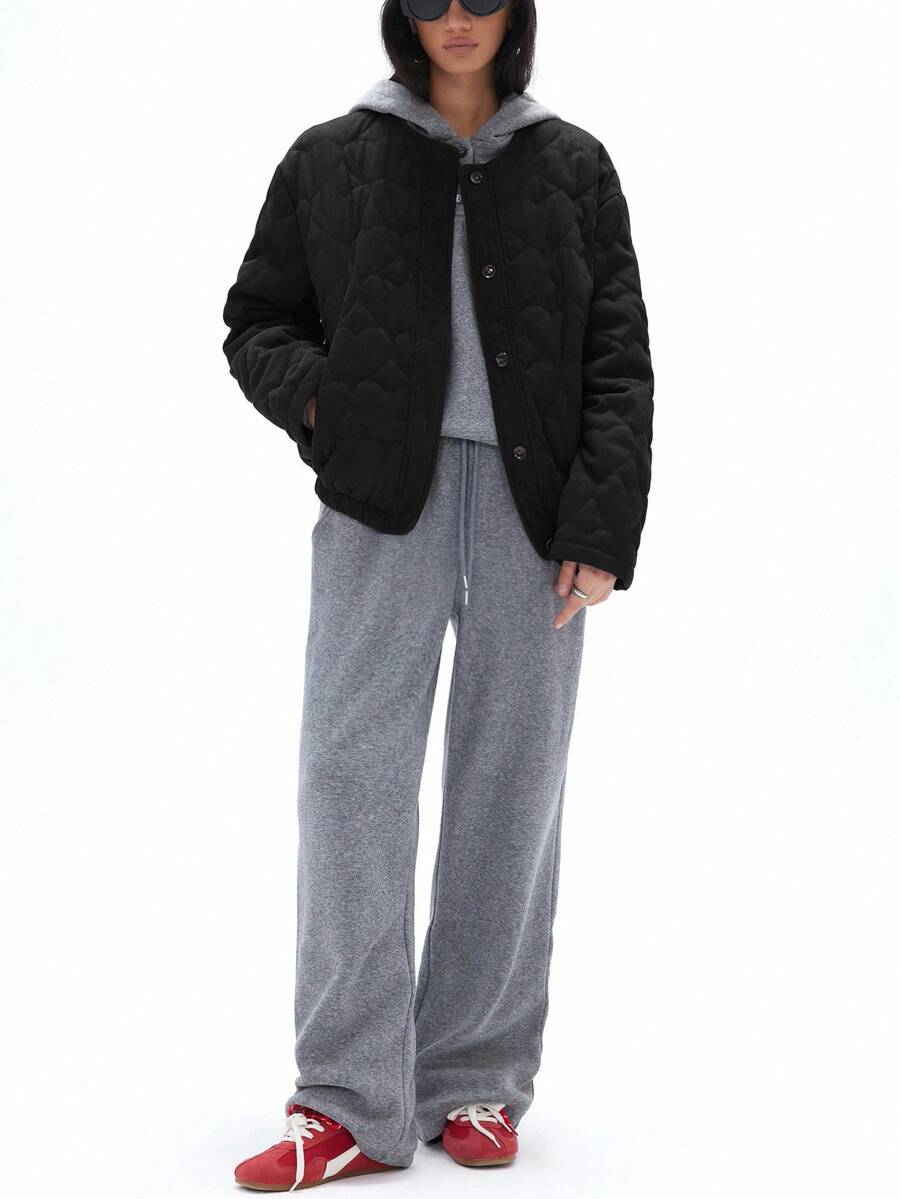 GENKIRA Women's Autumn/Winter New Corduroy Heart Pattern Striped Loose Short Padded Padded Coat - Black - View 1