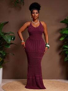 Veslaya Plus Size Solid Color Minimalist Sleeveless Sweater Dress - Burgundy - View 4