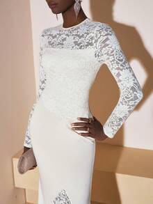 Zivah 2025 Toamnă/Iarnă Anul Nou, Ziua Îndrăgostiților, Petrecere, Banchet, Întâlnire, Petrecere de ziua de naștere, Stil universitar, Ținută studențească, Casual zilnic, Simplu versatil, Casual, Călătorii în croazieră, Hit viral, Elegant, Naveta, Casual business, Minimalist, Decolteu rotund cu mânecă lungă, Patchwork din dantelă cu paiete argintii, Tiv strâns în talie, Rochie maxi extra lungă de culoare caisă, Rochie de petrecere, Rochie maxi de damă