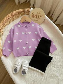 SHEIN 女婴休闲爱心图案毛衣套装