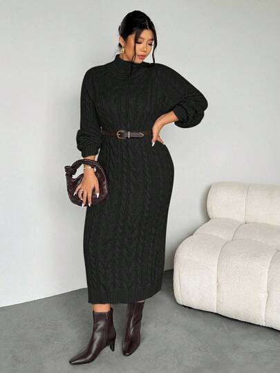 Firerie Vestido de suéter de cuello redondo de unicolor casual para mujer, vestido de suéter midi, vestido de suéter de mujer de cuello de tortuga, vestido de punto trenzado, vestido de punto en otoño/invierno