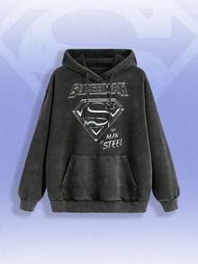 SUPERMAN X ROMWE 徽标和字母图形仿旧纹理抽绳连帽运动衫，长袖上衣 - 黑色 - 查看 6