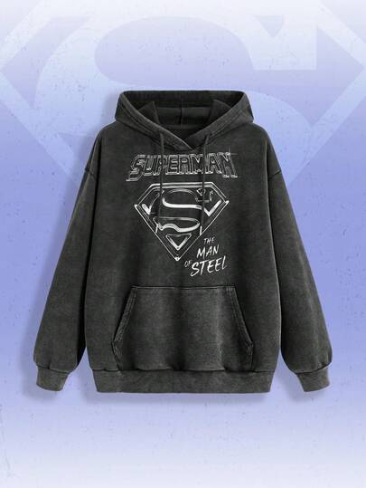 SUPERMAN X ROMWE Logo And Letter Graphic Distressed Texture Drawstring Hooded Sweatshirt,Long Sleeve Tops