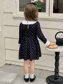Young Girl Peter Pan Collar All-Over Print Long Sleeve Cute Dress