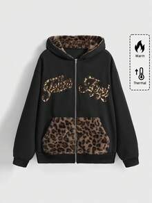 ROMWE Plus Size Street Fashion Leopard Print Goth Grunge-Punk Sweatshirt, Casual Street Style Leopard Print Black Plus Size Sweatshirt For Autumn/Winter, Leopard Print Black Plus Size Women Sweatshirt, Suitable For Daily Commute And School Style - Multicolor - View 1
