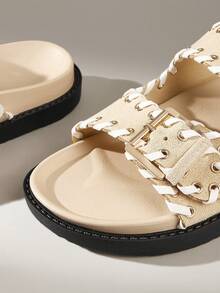 Solecia Handmade Stitched Thick Sole Double Buckle Casual Slide Sandals - Khaki - View 6
