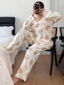 SHEIN Bộ đồ ngủ tay dài in hình gấu và nơ dễ thương cỡ lớn cho nữ, quần áo mùa đông - Màu be - Xem 3