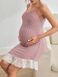 Moonlight&Mama Camiseta sin mangas de encaje con parches de unicolor para mujeres embarazadas, casual y sencilla para uso diario - Rosa - Ver 3