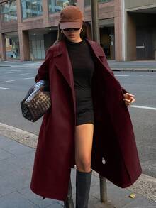DAZY 女士纯色翻领插肩袖休闲长款羊毛大衣，秋冬款 - 酒紅色 - 查看 5