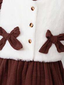 Sweetra Young Girl Elegant Lady High Neck Puff Sleeve Cinched-Waist Solid Color Plush Ribbed Dress & Round Neck Short Furry Bow Decor Vest, Autumn/Winter 2 Pieces Set - Coffee Brown - View 3