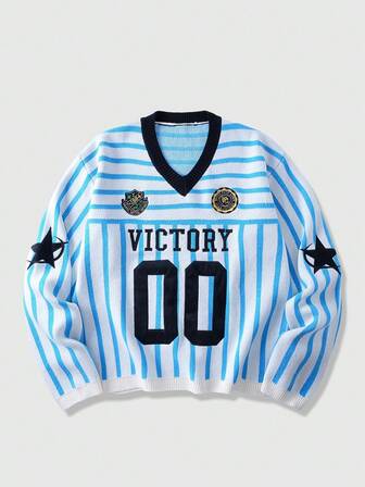 Street Life Men's Preppy Embroidered Pattern Jacquard Knit Sweater, Loose Fit