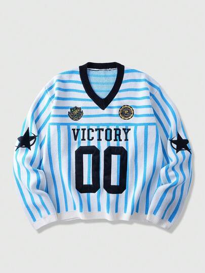 Street Life Suéter de punto jacquard con patrón bordado para hombre, corte holgado