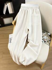 Resyla 女士爱心印花抽绳腰带口袋阔腿休闲运动裤 - 白色 - 查看 2