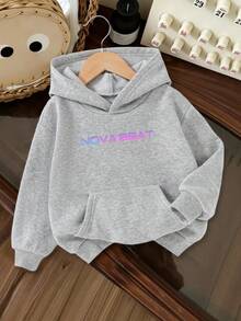 Young Girls' Casual Fashionable K-POP Girl Cartoon Letter Print Kangaroo Pocket Sweatshirt, Suitable For Outings In Autumn/Winter