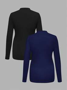 Modmama Maternity Solid Color Stand Collar Long Sleeve Pleated Slim Casual T-Shirt - Navy Blue - View 2