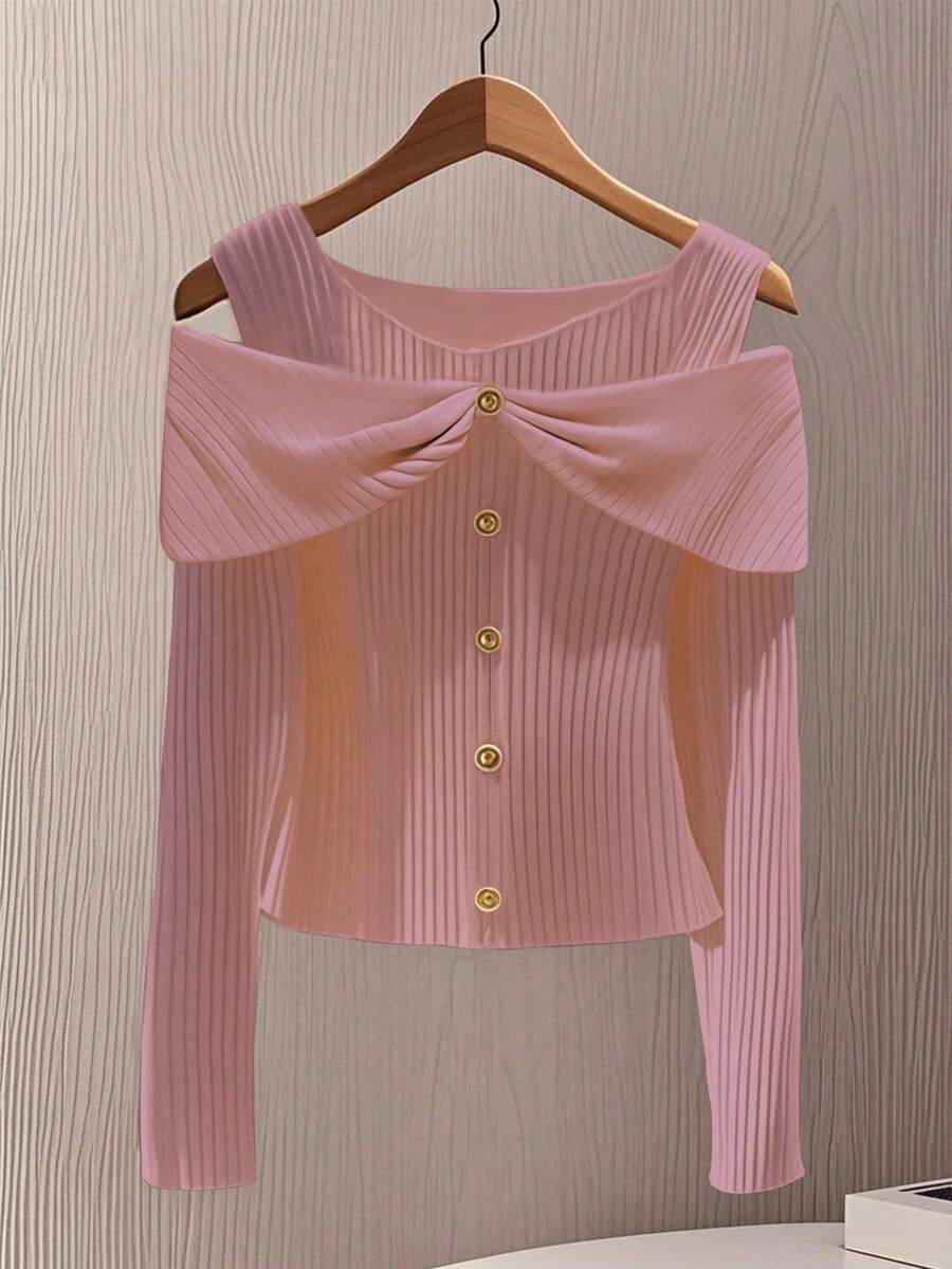 GlowEve Women's Solid Color Metal Button Design Off-Shoulder Long Sleeve Fashionable T-Shirt - Dusty Pink - View 1