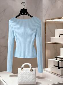 SHEIN LUNE French-Style Light Blue Women's Autumn Elegant V-Neck Long-Sleeved Pullover, Metallic Embellishments, Ribbed Twist Slim Fit Knit Top For Tea Party - Blue - View 2
