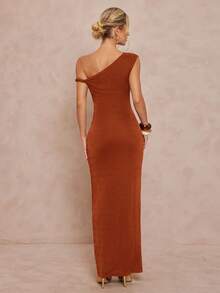 Lumalex 女式不对称肩部镂空金属装饰腰部修身连衣裙 - 鏽棕色 - 查看 2