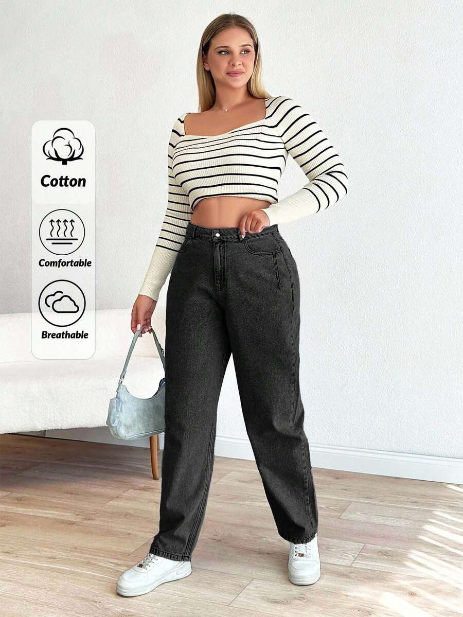 EURMUSE Quần Jeans Cottnline Mom Fit Plus Có Chức Năng Giặt Bằng Nước Tuyết, - Màu xám đen - Xem 1
