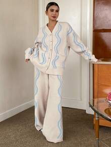 DAZY Conjunto de pijama de mujer de 2 piezas con top de manga larga holgado y pantalones de punto a rayas, para otoño/invierno