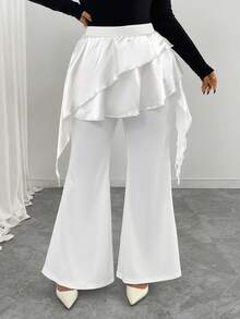 Elenzga Plus Size Women's Woven Regular Autumn/Winter Elegant Double Ruffle Hem Flared White Pants - White - View 5