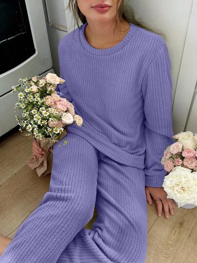 Snug Reverie Women's Solid Color Sherpa Crew Neck Long Sleeve Top And Pants Pajama Set, Fluffy Cozy Winter Clothes